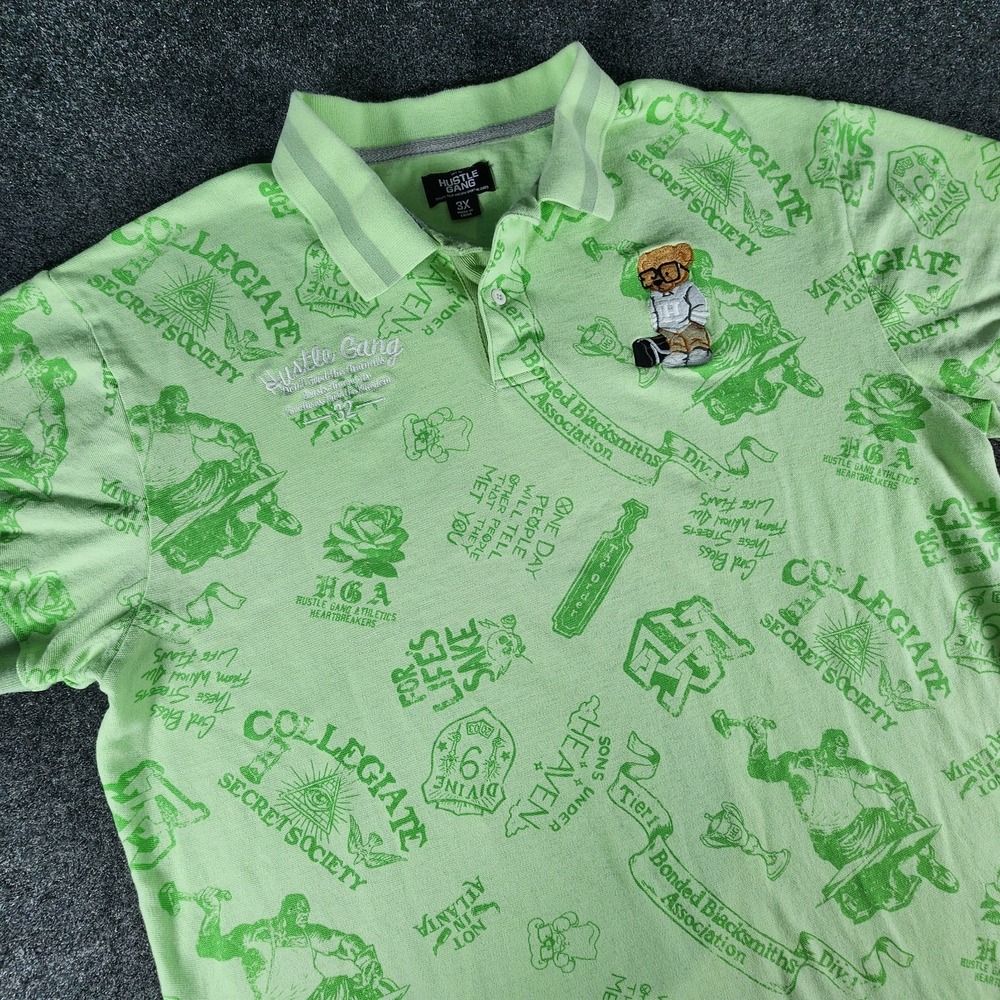 Hustle Gang Secret Society Polo Shirt Mens Size 3XL Fit 2XL Green‎ Embroidered